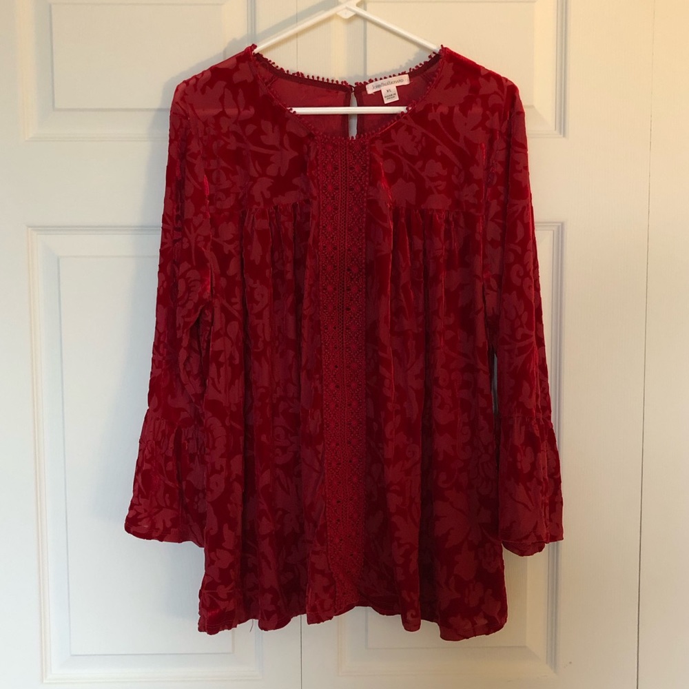 JohnPaulRichard Red Velvet & Mesh Top Size XL